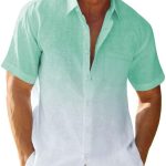 Mens Gradient Linen Shirts Casual Button Down Short Sleeve Beach Summer Shirts