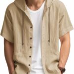 Men’s Summer Linen Shirt Short Sleeved Button Down Shirts Lightweight Cardigan Hooded Shirt Outdoor Casual Tops