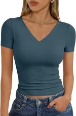 Womens Basic V Neck Short Sleeve T Shirts Slim Fit Crop Y2k Tee 2026 Summer Cute Gym Fashion Clothes