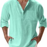 Mens Linen Shirts Casual Cotton 3/4 Sleeve Regular-Fit Henley T-Shirt Summer Lightweight Yoga Tops