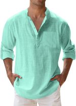 Mens Linen Shirts Casual Cotton 3/4 Sleeve Regular-Fit Henley T-Shirt Summer Lightweight Yoga Tops