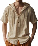 Men’s Summer Linen Shirt Short Sleeved Button Down Shirts Lightweight Cardigan Hooded Shirt Outdoor Casual Tops - Image 2