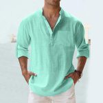 Mens Linen Shirts Casual Cotton 3/4 Sleeve Regular-Fit Henley T-Shirt Summer Lightweight Yoga Tops - Image 2