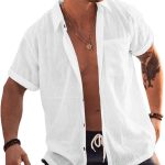 Mens Short Sleeve Button Up Shirts Linen Cotton Beach Tops Spread Collar Plain Summer T Shirt with Pocket