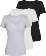 3 Pack Ribbed Short Sleeve Tops for Women Basics V Neck Slim Fit T Shirts Casual Tight Knit Tees - Image 2