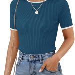 Women's Summer Short Sleeve Ribbed Knit Slim Fit T Shirt 2026 Crewneck Basic Casual Color Block Tee Tops