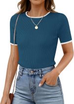Women's Summer Short Sleeve Ribbed Knit Slim Fit T Shirt 2026 Crewneck Basic Casual Color Block Tee Tops