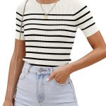 Women's Short Sleeve Crewneck Striped T Shirt 2026 Summer Ribbed Knit Slim Fit Casual Basic Tee Tops