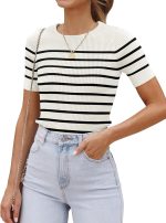 Women's Short Sleeve Crewneck Striped T Shirt 2026 Summer Ribbed Knit Slim Fit Casual Basic Tee Tops