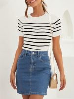 Women's Short Sleeve Crewneck Striped T Shirt 2026 Summer Ribbed Knit Slim Fit Casual Basic Tee Tops - Image 2