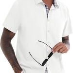 Mens Linen Shirts Summer Short Sleeve Button Down Beach Vacation Wedding Shirt Tops with Pocket