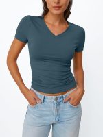 Womens Basic V Neck Short Sleeve T Shirts Slim Fit Crop Y2k Tee 2026 Summer Cute Gym Fashion Clothes - Image 2