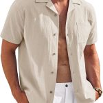 Mens Casual Cotton Linen Shirt Short Sleeve Button Up Shirts Summer Beach Top