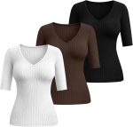 3 Pack Women's Half Sleeve Top Elbow Length Ribbed Cotton T Shirt Women V Neck Summer Tee Slim Fit Casual Blouses - Image 2