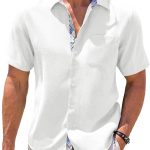 Men‘s Linen Shirts Short Sleeve Summer Button Down Casual Beach Hawaiian Shirt with Pocket