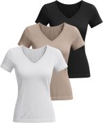 3 Pack Women's Short Sleeve Cotton T-Shirts V Neck Ribbed Slim Fit Tops Ladies' Casual Summer Basic Tee - Image 2
