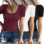 Women's Short Sleeve Tops 3 Pack Ribbed Knit Scoop Neck Button Down Tees Henley Summer Basic Shirts 2026