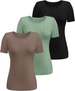 3 Pack Women's Ribbed T-Shirts, Cotton Short Sleeve Basic Tees Crewneck Fitted Tops Casual Shirts 2026 Summer Trendy - Image 2