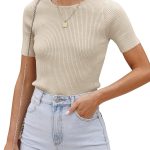 Women's Short Sleeve Sweater Tops 2026 Summer Crewneck T Shirt Ribbed Knit Slim Fit Basic Solid Color Tee