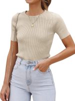 Women's Short Sleeve Sweater Tops 2026 Summer Crewneck T Shirt Ribbed Knit Slim Fit Basic Solid Color Tee
