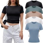 3-5 Pack Womens T Shirts Short Sleeve Basic Tops for Women Crew Neck Fitted Tops Fashion Tight Shirts for Women