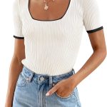 Women's Short Sleeve Square Neck Color Block T Shirt 2026 Summer Slim Fit Ribbed Knit Basic Tee Tops