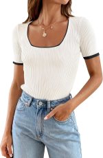 Women's Short Sleeve Square Neck Color Block T Shirt 2026 Summer Slim Fit Ribbed Knit Basic Tee Tops