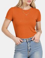 Women's Crew Neck Basic Short Sleeve T Shirt Ribbed Knit Slim Fitted Tees Casual 2026 Summer Going Out Top - Image 2