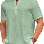 Men's Casual Henley Shirt Short Sleeve Linen Shirt Band Collar Summer Hippie Beach T-Shirts