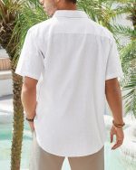 Men's Cotton Linen Short Sleeve Shirts Casual Lightweight Button Down Shirts Vacation Beach Summer Tops with Pocket - Image 2