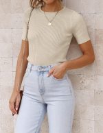 Women's Short Sleeve Sweater Tops 2026 Summer Crewneck T Shirt Ribbed Knit Slim Fit Basic Solid Color Tee - Image 2