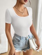 Women's Short Sleeve T Shirts Casual Summer Basic Scoop Neck Slim Fit Rib Knit Business Work Tee Tops - Image 2