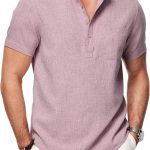 Mens Short Sleeve Linen Henley Shirts Casual Button Down Shirt Summer Beach Wear with Pocket