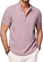Mens Short Sleeve Linen Henley Shirts Casual Button Down Shirt Summer Beach Wear with Pocket
