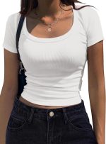 Women's Short Sleeve T Shirts Casual Summer Basic Scoop Neck Slim Fit Rib Knit Business Work Tee Tops