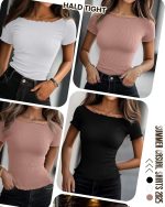 3 Pack Women's Lettuce Trim Boat Neck Tops Ribbed Short Sleeve T-Shirts Crop Slim Fit Summer Basic Tees Shirt - Image 2