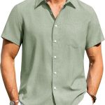 Mens Linen Shirts Short Sleeve Button Down Shirts Wrinkle Free Casual Vacation Beach Summer Tops