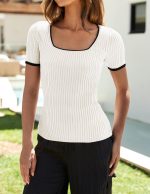 Women's Short Sleeve Square Neck Color Block T Shirt 2026 Summer Slim Fit Ribbed Knit Basic Tee Tops - Image 2