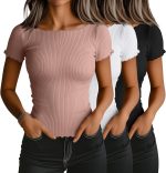 3 Pack Women's Lettuce Trim Boat Neck Tops Ribbed Short Sleeve T-Shirts Crop Slim Fit Summer Basic Tees Shirt