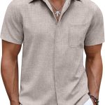 Mens Linen Shirt Casual Short Sleeve Button Down Shirt Summer Beach Vacation Wedding Wear